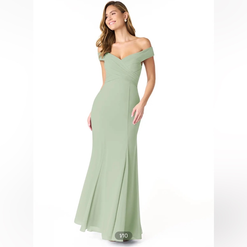 Azazie Lecia Dusty Sage Empire Off-The-ShoulerPleated Chiffon Dress